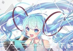 Rule 34 | 1girl, :d, absurdres, aqua hair, aqua necktie, bare shoulders, black sleeves, blue eyes, blue hair, blush, character name, collared shirt, commentary request, detached sleeves, grey background, grey shirt, hair between eyes, hair ornament, hand up, has bad revision, has downscaled revision, hatsune miku, headset, highres, long hair, long sleeves, looking at viewer, md5 mismatch, necktie, open mouth, resolution mismatch, shirt, sidelocks, sleeveless, sleeveless shirt, smile, solo, source smaller, twintails, upper body, very long hair, vocaloid, wang man, wide sleeves