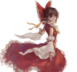 Rule 34 | 1girl, arm ribbon, ascot, bow, breasts, brown eyes, detached sleeves, frilled bow, frilled skirt, frills, from side, hair bow, hair tubes, hakurei reimu, light smile, long skirt, looking at viewer, looking back, nose, red skirt, ribbon, ribbon-trimmed sleeves, ribbon trim, short hair, simple background, skirt, sleeveless, small breasts, solo, touhou, white background, wind, xuetu13