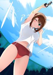 Rule 34 | 1girl, absurdres, arm up, blue sky, blush, breasts, brown hair, buruma, cloud, commentary request, commission, dutch angle, from below, frown, green eyes, gun, gym shirt, gym uniform, hair tie, handgun, highres, holding, holding gun, holding weapon, kisaragi setsu (mssk8485), large breasts, looking at viewer, looking down, low twintails, medium hair, multiple others, navel, one eye closed, original, panties, panties under buruma, panty peek, people, pixiv commission, red buruma, shirt, short sleeves, sky, solo, split mouth, sports festival, starting pistol, swept bangs, tearing up, thighs, twintails, underwear, weapon, white panties, white shirt