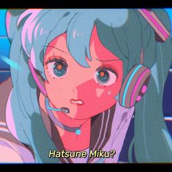 Rule 34 | 1girl, aqua eyes, aqua hair, black sailor collar, character name, choker, derivative work, hair over shoulder, hatsune miku, headphones, letterboxed, looking at viewer, meme, microphone, parted lips, sailor collar, sailor moon redraw challenge (meme), screenshot redraw, solo, sweatdrop, tomato fishball, twintails, vocaloid
