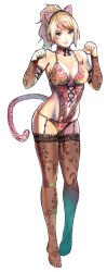 Rule 34 | 1girl, animal ears, animal print, bare shoulders, bell, blonde hair, breasts, choker, closed mouth, collarbone, commentary request, dead or alive, dead or alive xtreme, dead or alive xtreme venus vacation, fake animal ears, fake tail, fer yoshimiya, full body, garter straps, gradient hair, hair ornament, hands up, head tilt, highres, jingle bell, leopard print, light smile, lips, long hair, looking at viewer, medium breasts, multicolored hair, navel, one-piece swimsuit, paw pose, pink hair, ponytail, simple background, solo, swimsuit, tail, thighhighs, thighs, white background, yukino (doa)