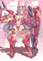 adapted_costume armor bikini_armor blue_eyes breasts dragon_quest dragon_quest_iii full_body helmet highres holding holding_shield holding_sword holding_weapon large_breasts long_hair looking_at_viewer navel red_helmet satoyasu shield soldier_(dq3) standing sword virtualcity-ex weapon winged_helmet