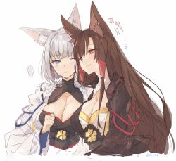 Rule 34 | ..., 2girls, akagi (azur lane), animal ears, azur lane, black hair, black kimono, blue ribbon, blush, bob cut, breasts, cleavage, cleavage cutout, clenched hand, closed mouth, clothing cutout, collarbone, commentary request, fox ears, hair between eyes, japanese clothes, kaga (azur lane), kimono, large breasts, leaning on person, long hair, long sleeves, mi 398, multiple girls, one eye closed, red eyes, red ribbon, ribbon, ribbon-trimmed sleeves, ribbon trim, sakuramon, short hair, silver hair, simple background, smile, spoken ellipsis, sweatdrop, translated, twitter username, white background, white kimono, wide sleeves, yuri