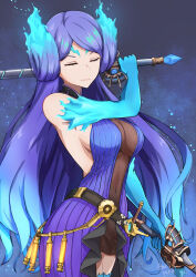Rule 34 | 1girl, bare shoulders, blue gloves, blue hair, blue thighhighs, breasts, brighid (xenoblade), brown dress, cleavage, closed eyes, closed mouth, commentary request, covered navel, dress, dual wielding, elbow gloves, facing viewer, gloves, gradient hair, highres, holding, holding sword, holding weapon, large breasts, long hair, makibane (mkbane), multicolored hair, parted bangs, purple dress, purple hair, sideboob, solo, standing, sword, thighhighs, very long hair, weapon, xenoblade chronicles (series), xenoblade chronicles 2