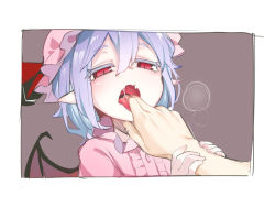 Rule 34 | 1girl, arm grab, asutora, bat wings, blue hair, blush, border, breath, center frills, commentary request, dress, fang, finger in another&#039;s mouth, frills, grey background, hair between eyes, hat, hat ribbon, looking at viewer, mob cap, open mouth, pink dress, pink headwear, portrait, red eyes, red ribbon, remilia scarlet, ribbon, saliva, short hair, sidelocks, simple background, solo focus, teeth, touhou, white border, wings