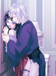 Rule 34 | 1boy, 1girl, black hair, blue eyes, blush, brother and sister, closed eyes, clothed sex, colored eyelashes, drooling, highres, incest, japanese clothes, lo lis, long hair, off shoulder, open mouth, panties, panty pull, rape, red skirt, restrained, sex, sex from behind, siblings, skirt, standing, standing sex, sweat, tohno akiha, tohno shiki (2), tongue, tsukihime, type-moon, underwear, white hair, white panties