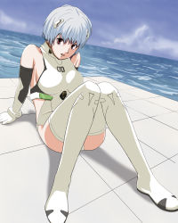 Rule 34 | 1girl, :d, adapted costume, arm support, ayanami rei, bare shoulders, blue hair, boots, bracer, breasts, cloud, day, dutch angle, elbow gloves, gloves, hair ornament, highres, knees together feet apart, knees up, large breasts, legs, leotard, long legs, neon genesis evangelion, ocean, open mouth, outdoors, pilot suit, plugsuit, reclining, red eyes, shadow, short hair, sideboob, sitting, sky, smile, solo, thigh boots, thighhighs, thighs, tile floor, tiles, turtleneck, water, white footwear, white gloves, white thighhighs