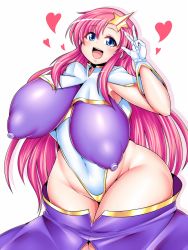 Rule 34 | 1girl, blue eyes, blush, bodysuit, breasts, bukatsu (clubactivity), covered erect nipples, curvy, erect areolae, female focus, gloves, groin, gundam, gundam seed, gundam seed destiny, hair ornament, happy, highres, huge breasts, leotard, long hair, long skirt, looking at viewer, meer campbell, open mouth, pink hair, plump, puffy nipples, sagging breasts, simple background, sina and d, skirt, smile, solo, standing, thick thighs, thighs, v, very long hair, white background, white gloves, wide hips