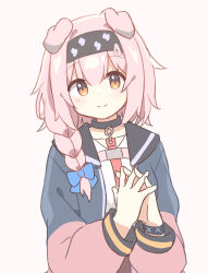 Rule 34 | 1girl, absurdres, animal ears, arknights, black collar, black jacket, blue bow, bow, braid, cat ears, closed mouth, collar, goldenglow (arknights), hair between eyes, hair bow, highres, jacket, long hair, long sleeves, looking at viewer, open clothes, open jacket, orange eyes, own hands together, pink background, pink hair, puffy long sleeves, puffy sleeves, ryoku sui, shirt, simple background, single braid, smile, solo, upper body, white shirt
