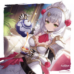 1girl absurdres armor boobplate braid braided_bangs breastplate breasts cleavage closed_mouth cup facing_viewer flower gauntlets genshin_impact green_eyes grey_hair highres indoors looking_at_viewer looking_down maid maid_headdress noelle_(genshin_impact) official_art red_flower red_rose rose short_hair shoulder_armor smile solo teacup teapot