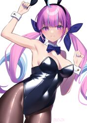 Rule 34 | 1girl, ahoge, animal ears, armpits, bare shoulders, black leotard, black pantyhose, blue bow, blue bowtie, blue hair, blue ribbon, blunt bangs, blush, bow, bowtie, breasts, cleavage, colored inner hair, covered navel, detached collar, fake animal ears, hair ribbon, highleg, highleg leotard, highres, hololive, leotard, long hair, looking at viewer, medium breasts, minato aqua, multicolored hair, pantyhose, pink hair, playboy bunny, purple eyes, purple hair, rabbit ears, ribbon, solo, strapless, strapless leotard, streaked hair, twintails, two-tone hair, virtual youtuber, white background, wrist cuffs, you06