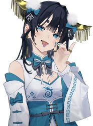Rule 34 | 1girl, absurdres, black hair, blue bow, blue dress, blue eyes, blue nails, bow, chinese clothes, chinese zodiac, detached sleeves, dress, fox shadow puppet, hair ornament, highres, isshiki seiran (mashiro kta), jewelry, long hair, looking at viewer, mashiro kta, original, ring, simple background, solo, thick eyebrows, tongue, tongue out, white background, wide sleeves, year of the dragon