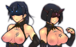 Rule 34 | 2girls, black hair, breast tattoo, breasts, breasts out, em (totsuzen no hakike), grin, inverted nipples, large breasts, mask, medium breasts, multiple girls, nipples, revealing clothes, short hair, smile, strike witches zero, tattoo, upper body, world witches series