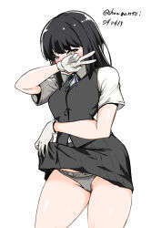 Rule 34 | 1girl, black hair, black skirt, black vest, brown eyes, calvin klein, collared shirt, commentary request, copyright name, covering own mouth, dated, dress shirt, gloves, grey panties, hayashio (kancolle), kantai collection, kuon (break through), logo parody, long hair, one-hour drawing challenge, panties, pleated skirt, school uniform, shirt, skirt, solo, twitter username, underwear, vest, white gloves, white shirt