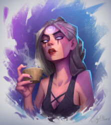Rule 34 | 1girl, absurdres, angelmoonlight, artist name, bare shoulders, black dress, blonde hair, blue eyes, breasts, cleavage, cup, diana (league of legends), dress, facial mark, forehead mark, glowing, glowing eyes, highres, holding, holding cup, league of legends, long hair, red lips, small breasts, solo, steam, upper body