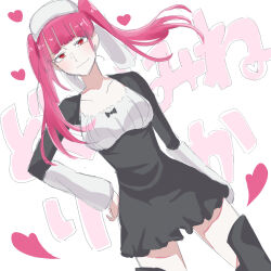 Rule 34 | 1girl, artist request, black dress, bleach, blue nails, blunt bangs, boots, breasts, collarbone, dokugamine riruka, dress, eyelashes, hair over shoulder, hand on own hip, heart, highres, long hair, long sleeves, looking at viewer, medium breasts, pink hair, red eyes, simple background, smile, solo, standing, thigh boots, translation request, tsundere, twintails, upper body, very long hair, white background, white headwear