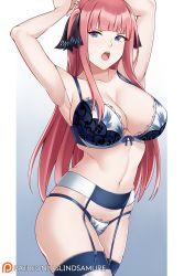 Rule 34 | 1girl, armpits, arms behind head, arms up, aslindsamure, bare shoulders, black ribbon, blue background, blue bra, blue panties, blue thighhighs, blunt bangs, blush, border, bra, breasts, cleavage, collarbone, garter belt, garter straps, go-toubun no hanayome, gradient background, hair ribbon, highres, large breasts, long hair, looking at viewer, nakano nino, navel, open mouth, panties, pink hair, ribbon, solo, thighhighs, thighs, two side up, underwear, white border