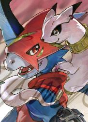 Rule 34 | 2others, digimon, digimon (creature), fladramon, kudamon (digimon savers), looking at another, mask, multiple others, red eyes, sharp teeth, teeth