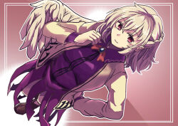 Rule 34 | 1girl, apapo, blue gemstone, boots, bow, bowtie, braid, breasts, brooch, brown footwear, closed mouth, collared dress, commentary request, dress, expressionless, french braid, full body, gem, highres, jacket, jewelry, kishin sagume, medium breasts, open clothes, open jacket, purple dress, red bow, red bowtie, red eyes, short hair, single wing, solo, standing, touhou, white hair, white jacket, white wings, wings