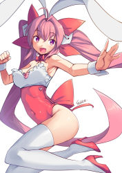 Rule 34 | 1girl, ahoge, animal ears, armpits, bare shoulders, blush, bow, bowtie, breasts, choker, clenched hand, di gi charat, dice, dice hair ornament, eyebrows, fang, fingernails, floating hair, hair between eyes, hair intakes, hair ornament, high heels, jumping, leotard, long fingernails, long hair, looking at viewer, medium breasts, open m/, outstretched arm, palms, pink footwear, pink hair, pink heels, rabbit ears, red bow, red bowtie, red ribbon, ribbon, saiste, sharp fingernails, shoes, signature, simple background, solo, strapless, strapless leotard, thighhighs, twintails, usada hikaru, very long hair, white background, white thighhighs, wrist cuffs