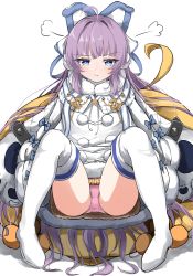Rule 34 | 1girl, :t, absurdres, azur lane, blue bow, blue eyes, blush, boots, bow, brown sweater, closed mouth, coat, commentary request, fur-trimmed coat, fur-trimmed sleeves, fur trim, highres, knees up, long hair, long sleeves, looking at viewer, moyoron, panties, pigeon-toed, pink panties, pout, purple hair, shadow, sitting, sleeves past fingers, sleeves past wrists, solo, spread legs, sweater, tashkent (azur lane), thigh boots, thighhighs, underwear, very long hair, white background, white coat, white footwear, white thighhighs