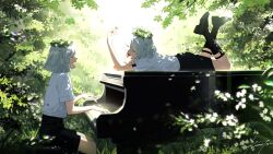 Rule 34 | 2girls, artist name, black footwear, black shorts, black socks, blunt ends, closed eyes, dappled sunlight, day, facing another, field, flower wreath, from side, grand piano, grey hair, hand on own arm, head wreath, highres, holding, holding leaf, instrument, kazari tayu, leaf, legs up, loafers, lower teeth only, lying, multiple girls, music, on stomach, open mouth, original, outdoors, piano, playing instrument, playing piano, profile, shirt, shirt tucked in, shoes, short hair, short sleeves, shorts, signature, sitting, socks, sunlight, teeth, white shirt, wreath