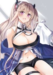 Rule 34 | 1girl, amadarel, anchorage (azur lane), azur lane, bad id, bad pixiv id, bare shoulders, blush, breasts, cleavage, commentary request, crossed bangs, hair between eyes, hair ornament, highres, large breasts, light brown hair, long hair, long sleeves, looking at viewer, mixed-language commentary, navel, open mouth, oversized clothes, purple eyes, shorts, smile, solo, twintails, very long hair