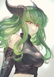 Rule 34 | 1girl, black sleeves, breasts, c.c., closed mouth, code geass, creayus, crop top, crossover, detached sleeves, final fantasy, final fantasy xiv, floating hair, green hair, horns, long hair, long sleeves, looking at viewer, medium breasts, simple background, solo, upper body, very long hair, white background, yellow eyes