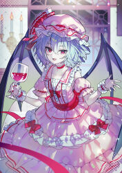 1girl :d absurdres bat_wings blue_hair bow candelabra candle candlestand choker collarbone colored_skin commentary cup detached_sleeves drinking_glass fangs hat hat_ribbon here_(hr_rz_ggg) highres holding holding_cup light_blue_hair looking_at_viewer mob_cap nail_polish open_mouth pink_hat pink_skirt red_bow red_choker red_eyes red_nails red_ribbon remilia_scarlet ribbon shirt short_hair skirt sleeveless sleeveless_shirt smile solo symbol-only_commentary touhou window wine_glass wings wrist_cuffs