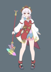 1girl absurdres animal_ears black_footwear blue_skirt boots breasts closed_mouth collarbone dress fake_animal_ears fiora_ariete full_body grey_background grey_hair hairband highres holding holding_staff jacket long_hair long_sleeves original puffy_long_sleeves puffy_sleeves red_dress red_eyes red_hairband sekira_ame simple_background skirt small_breasts smile solo staff standing very_long_hair white_jacket