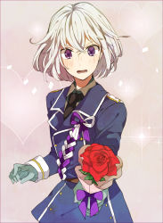 10s 1boy bad_id bad_pixiv_id blush flower gloves heart highres honebami_toushirou incoming_gift male_focus military military_uniform necktie nizakana_takaharu open_mouth personification purple_eyes rose solo touken_ranbu white_hair