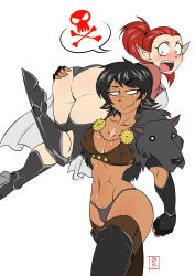 Rule 34 | 2girls, abs, absurdres, arisen (dragon&#039;s dogma), armor, ass, bikini armor, black hair, blunt-katana, blush, bracer, breasts, carrying, carrying over shoulder, cleavage, constricted pupils, dark-skinned female, dark skin, dragon&#039;s dogma, dragon&#039;s dogma (series), fang, fingerless gloves, gloves, greaves, highres, long hair, multiple girls, muscular, muscular female, narrow waist, naughty face, navel, open mouth, pawn (dragon&#039;s dogma), pelt, person over shoulder, pointy ears, ponytail, red eyes, red hair, scar, short hair, simple background, skull and crossbones, smirk, thighhighs, you gonna get raped, yuri