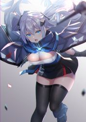 Rule 34 | 1girl, aircraft, azur lane, black dress, black gloves, black thighhighs, blue cape, blue eyes, blurry, blurry foreground, breasts, cape, cleavage, commentary, cowboy shot, dress, floating hair, gloves, glowing, grey background, grey hair, hair between eyes, hair ornament, highres, intrepid (azur lane), large breasts, leaning forward, long hair, looking at viewer, mirufuaa, mole, mole on breast, open mouth, rudder footwear, sidelocks, sleeveless, sleeveless dress, solo, standing, standing on one leg, teeth, thighhighs, twintails, upper teeth only, very long hair, zettai ryouiki