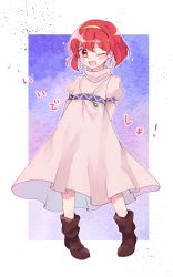 Rule 34 | 1girl, bad id, bad pixiv id, blush, boots, dress, fire emblem, fire emblem: mystery of the emblem, hairband, highres, jewelry, maria (fire emblem), necklace, nintendo, one eye closed, open mouth, red eyes, red hair, solo, sushitarou, white dress