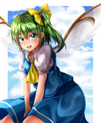 Rule 34 | 1girl, absurdres, ascot, between legs, blouse, blue skirt, blue sky, blue vest, cloud, cloudy sky, collared shirt, commentary request, daiyousei, fairy wings, green eyes, green hair, hair between eyes, hand between legs, highres, leaning forward, looking at viewer, mahoro (minase mahoro), medium hair, open mouth, outdoors, puffy short sleeves, puffy sleeves, shirt, short sleeves, side ponytail, skirt, skirt set, sky, smile, solo, teeth, touhou, upper teeth only, vest, white shirt, wings, yellow ascot
