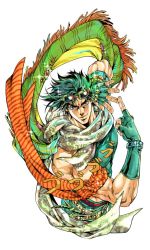 Rule 34 | 1boy, alternate hair color, araki hirohiko (style), armband, bare shoulders, battle tendency, belt, closed mouth, commentary, cropped torso, fabulous, fingerless gloves, fringe trim, gloves, goggles, goggles on head, green hair, grey eyes, index finger raised, jojo no kimyou na bouken, jojo pose, joseph joestar, joseph joestar (young), looking at viewer, male focus, menacing (jojo), midriff peek, multiple belts, muscular, official alternate costume, official style, parody, patterned clothing, sashiyu, scarf, short hair, simple background, sleeveless, smile, solo, sound effects, sparkle, striped, striped clothes, striped scarf, style parody, symbol-only commentary, triangle print, watch, white background, wristwatch