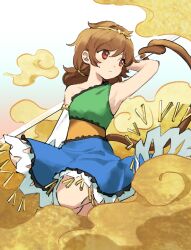 Rule 34 | 1girl, arm up, armpits, blue dress, brown eyes, brown hair, circlet, closed mouth, detached sleeves, dress, flying nimbus, green dress, hair between eyes, highres, kaigen 1025, long hair, low twintails, monkey tail, multicolored clothes, multicolored dress, ruyi jingu bang, single detached sleeve, solo, son biten, tail, touhou, twintails, unfinished dream of all living ghost, white sleeves, yellow dress
