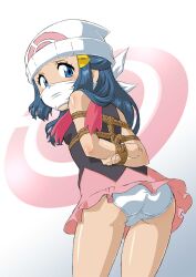 Rule 34 | arms behind back, ass, bdsm, blue eyes, blue hair, blush, bondage, bound, bound arms, bound torso, bound wrists, breasts, cleave gag, cloth gag, clothes lift, creatures (company), daikinbakuju, dawn (pokemon), dress, embarrassed, gag, gagged, game freak, hair ornament, hairclip, hat, highres, improvised gag, kidnapped, kidnapping, legs, logo, long hair, looking back, looking to the side, nintendo, over the mouth gag, over the nose gag, panties, panty peek, pantyshot, perky breasts, plump, pokemon, pokemon (anime), pokemon dppt (anime), red scarf, rope, scarf, shirt, simple background, skirt, skirt lift, sleeveless, sleeveless dress, sleeveless shirt, small breasts, thighs, underwear, upskirt, white background, white panties