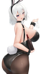 Rule 34 | 1girl, animal ears, azur lane, backless leotard, bare back, black leotard, black wrist cuffs, bottle, breasts, brown pantyhose, fake animal ears, fake tail, highres, holding, holding bottle, large breasts, leotard, looking at viewer, mole, mole under mouth, nori aji, official alternate costume, open mouth, pantyhose, playboy bunny, purple eyes, rabbit tail, san jacinto (azur lane), san jacinto (flavor of the day) (azur lane), solo, strapless, strapless leotard, tail, wrist cuffs