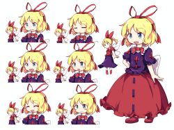 Rule 34 | 1girl, angry, blonde hair, blue eyes, bored, bow, bubble skirt, closed mouth, crying, doll, expressions, closed eyes, frilled shirt, frilled shirt collar, frills, happy, highres, kanisawa yuuki, medicine melancholy, open mouth, puffy short sleeves, puffy sleeves, red bow, red ribbon, ribbon, sad, shirt, short hair, short sleeves, skirt, smile, standing, su-san, tachi-e, touhou, variations