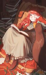Rule 34 | 1girl, absurdres, animal, animal ears, bag, bird, book, book stack, brown dress, clenched hand, collared shirt, dress, duck, hand up, highres, holding, holding book, long hair, lying, mj154123, on back, original, reading, red hair, rubbing eyes, shirt, shoulder bag, sitting, vial