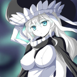 Rule 34 | 10s, abyssal ship, aqua eyes, bodysuit, breasts, cape, deego (omochi bazooka), covered erect nipples, kantai collection, pale skin, tentacles, upper body, white hair, wo-class aircraft carrier