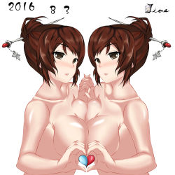 Rule 34 | 1girl, 2girls, beads, blush, breast press, breasts, brown eyes, brown hair, cleavage, clone, closed mouth, collarbone, completely nude, dated, eyebrows, hair bun, hair ornament, hair stick, heart, heart hands, heart hands duo, highres, hisage nanji, holding hands, large breasts, looking at viewer, mei (overwatch), multiple girls, no eyewear, nose blush, nude, overwatch, overwatch 1, pink lips, sidelocks, simple background, single hair bun, smile, snowflake hair ornament, symmetrical docking, upper body