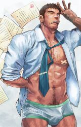 Rule 34 | 1boy, abs, arm behind back, arm hair, bandaid, bandaids on nipples, bara, bare pectorals, blue necktie, blue shirt, brown eyes, brown hair, bulge, chest hair, cowboy shot, facial hair, highres, large pectorals, long sideburns, male focus, male underwear, mature male, muscular, muscular male, navel, navel hair, necktie, one eye closed, open clothes, open mouth, open shirt, original, paper, partially undressed, pasties, pectorals, scattered paper, shirt, short hair, sideburns, simple background, solo, stubble, suamaru, teardrop, thick eyebrows, underwear, undone necktie, yawning