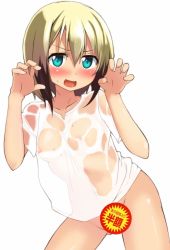 Rule 34 | 1girl, atahuta, blonde hair, blue eyes, blush, breasts, censored, erica hartmann, looking at viewer, nipples, open mouth, see-through, simple background, smile, solo, strike witches, wet, world witches series