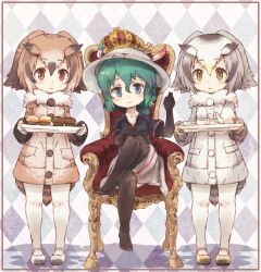 Rule 34 | 3girls, bird tail, bird wings, black hair, blonde hair, blue eyes, blush, brown hair, coat, commentary request, crossed legs, crown, elbow gloves, eurasian eagle owl (kemono friends), food, full body, fur collar, gloves, green hair, grey hair, hand on own knee, hand up, hat feather, head wings, helmet, highres, jacket, kaban (kemono friends), kemono friends, kolshica, pantyhose under shorts, long sleeves, multicolored hair, multiple girls, no shoes, northern white-faced owl (kemono friends), owl ears, pantyhose, pith helmet, short hair, short sleeves, shorts, sitting, spoilers, standing, tail, throne, tray, wings, yellow eyes