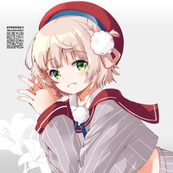 Rule 34 | 1girl, absurdres, beret, blush, braid, commentary request, floral background, gradient background, green eyes, grey background, grey jacket, grey skirt, grin, hands up, hat, highres, indie virtual youtuber, jacket, light brown hair, long sleeves, looking at viewer, puffy long sleeves, puffy sleeves, qr code, red hat, shigure ui (vtuber), shigure ui (vtuber) (1st costume), skirt, smile, solo, striped clothes, striped jacket, striped skirt, twitter username, vertical-striped clothes, vertical-striped jacket, vertical-striped skirt, virtual youtuber, yamaguchi shinnosuke