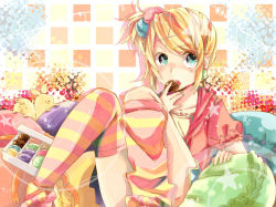 Rule 34 | 1girl, aqua eyes, bad id, bad pixiv id, blonde hair, eating, fang, food, hair ornament, hairclip, kagamine rin, macaron, open mouth, pillow, short hair, side ponytail, striped clothes, striped thighhighs, thighhighs, tubaki-88, vocaloid