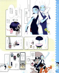 Rule 34 | 2girls, apron, artbook, bandana, belt, blue skin, blueberry, blueberry-chan, boots, breasts, buttons, chef, chef hat, cleavage, cleaver, colored skin, comic, earrings, eiken (studio), finger to mouth, food, food girls, fruit, frying pan, gloves, green eyes, hair ornament, hairclip, hat, highres, hug, jewelry, multiple girls, octopus, okama, pirate, pointy ears, sazae-san, silver hair, skirt, thigh boots, thighhighs, translation request, vest