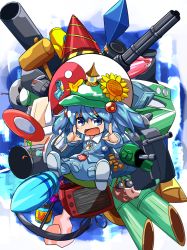 Rule 34 | 1girl, amakoke, anchor, backpack, bad id, bad pixiv id, bag, bamboo, battery, bishamonten&#039;s pagoda, blue eyes, blue hair, book, boots, cannonball, cloud, cup, diamond (gemstone), drill, flower, hair bobbles, hair ornament, hat, highres, kawashiro nitori, key, knife, leaf, leaf on head, m1 bazooka, mallet, matching hair/eyes, missile, object on head, open mouth, orb, party popper, refrigerator, rocket launcher, sakazuki, shield, shoot shoot nitori, short hair, solo, sunflower, television, touhou, turret, twintails, two side up, voodoo doll, straw doll, washing machine, water gun, weapon, yin yang